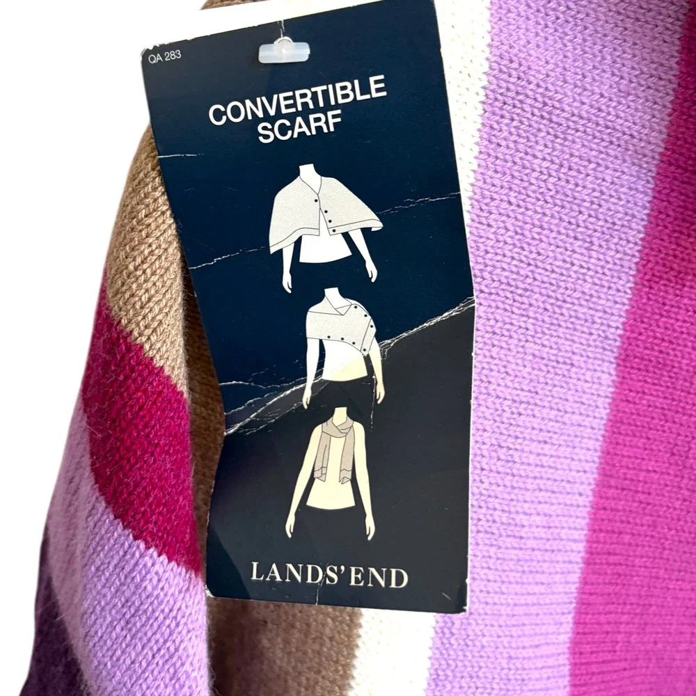 NWT Lands End Convertible Scarf Wrap Shawl Striped Purple Pink Tan Cream Buttons